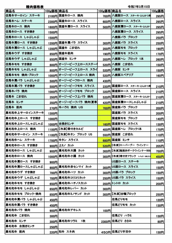 通常の料金表